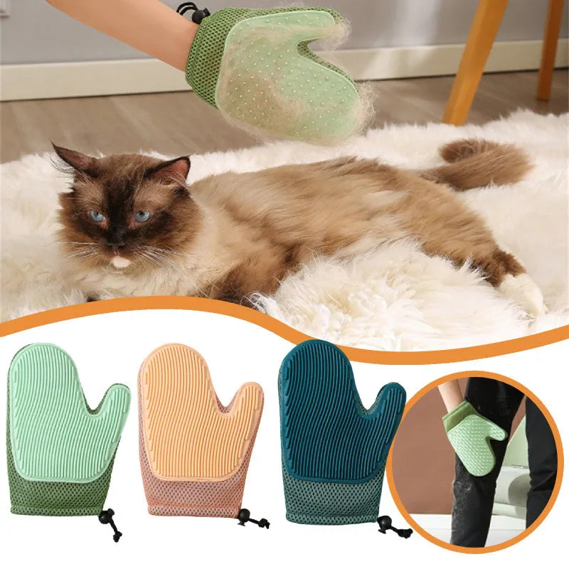Dark blue pet hair removal glove for cats and dogs on a fabric background