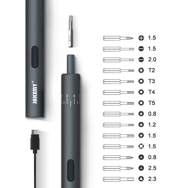 Black mini electric screwdriver with aluminium casing and micro USB charging port