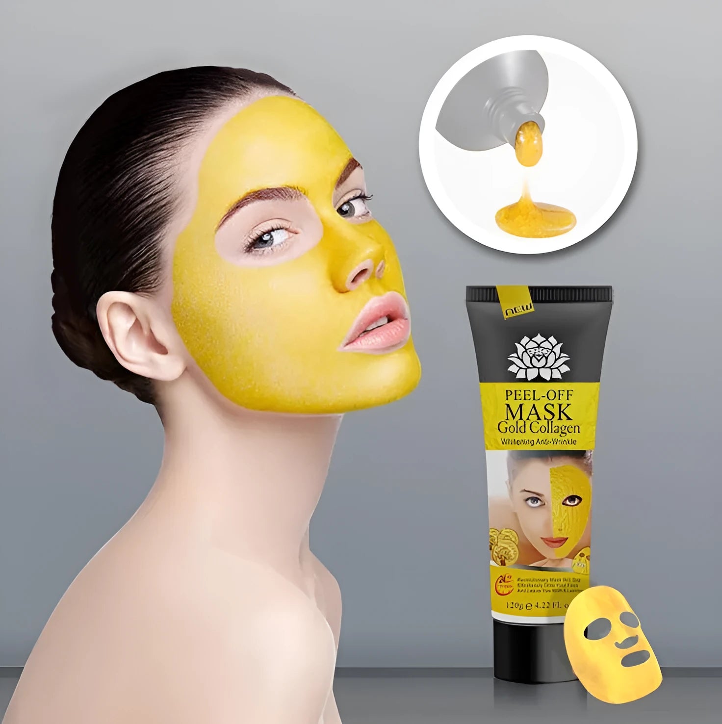 Gold Collagen Peel off Mask in a 120g container with mud formulation for anti-aging and acne treatment