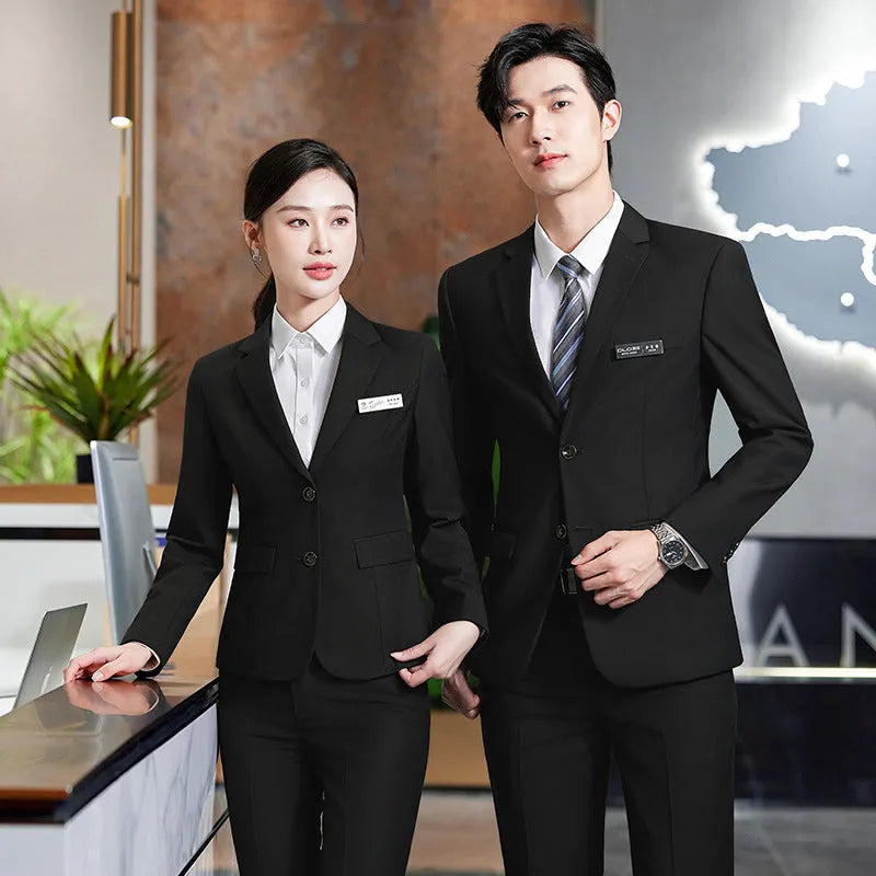 Men's and women's work suit with long sleeve polyester jacket and matching trousers or skirt in black