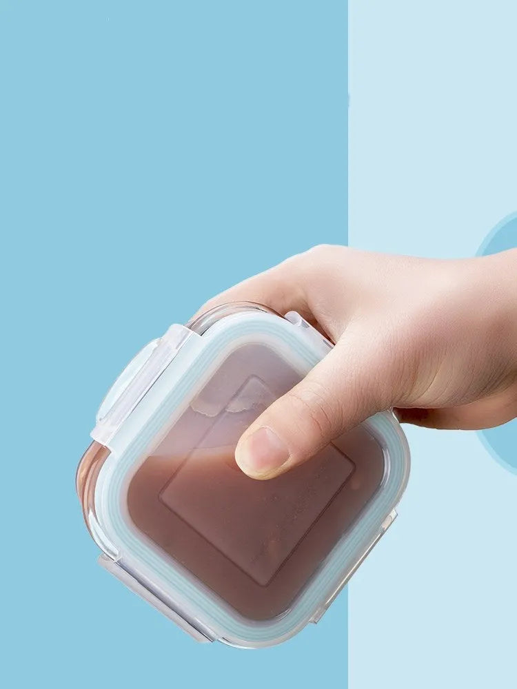 RREIAO 160ml infant food supplement box with glass body, silicone seal, and PP lid in blue colour on white background
