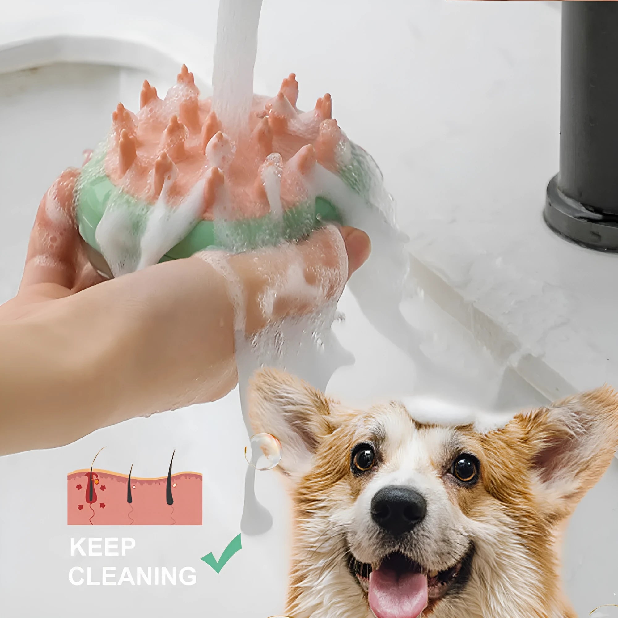 Blue 2-in-1 pet bathing brush with silicone head and integrated shampoo dispenser held in a hand.