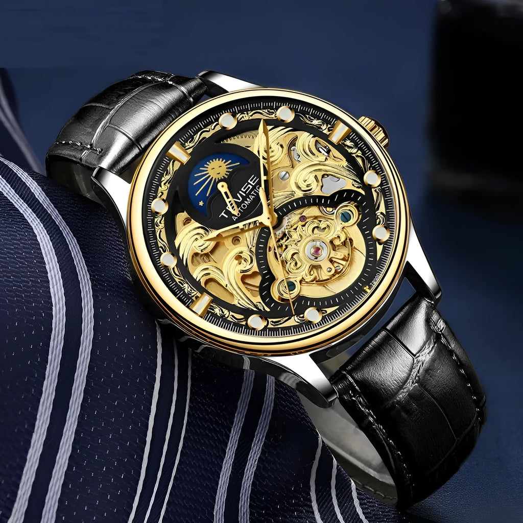 Men's gold leather strap waterproof automatic mechanical watch with analogue display.