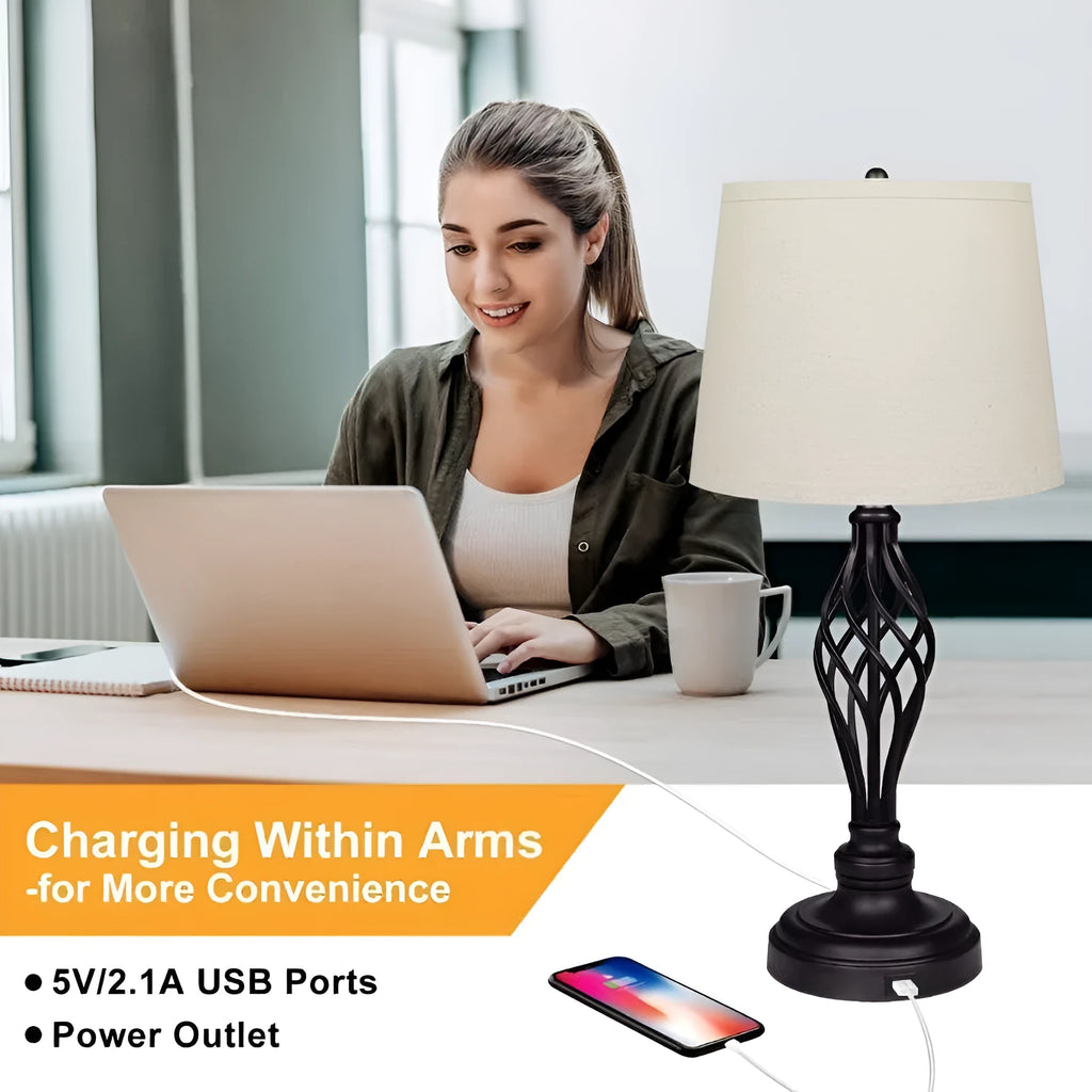 Touch control bedside table lamp with USB charging socket and alloy construction