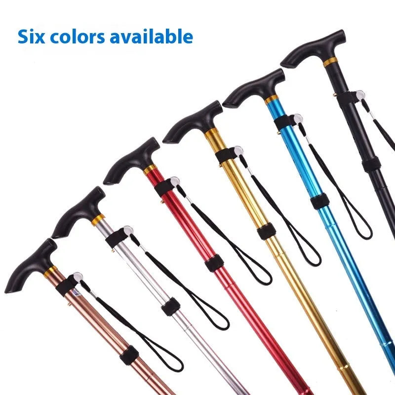 Aluminium alloy folding walking stick extended to show adjustable height and non-slip tip.