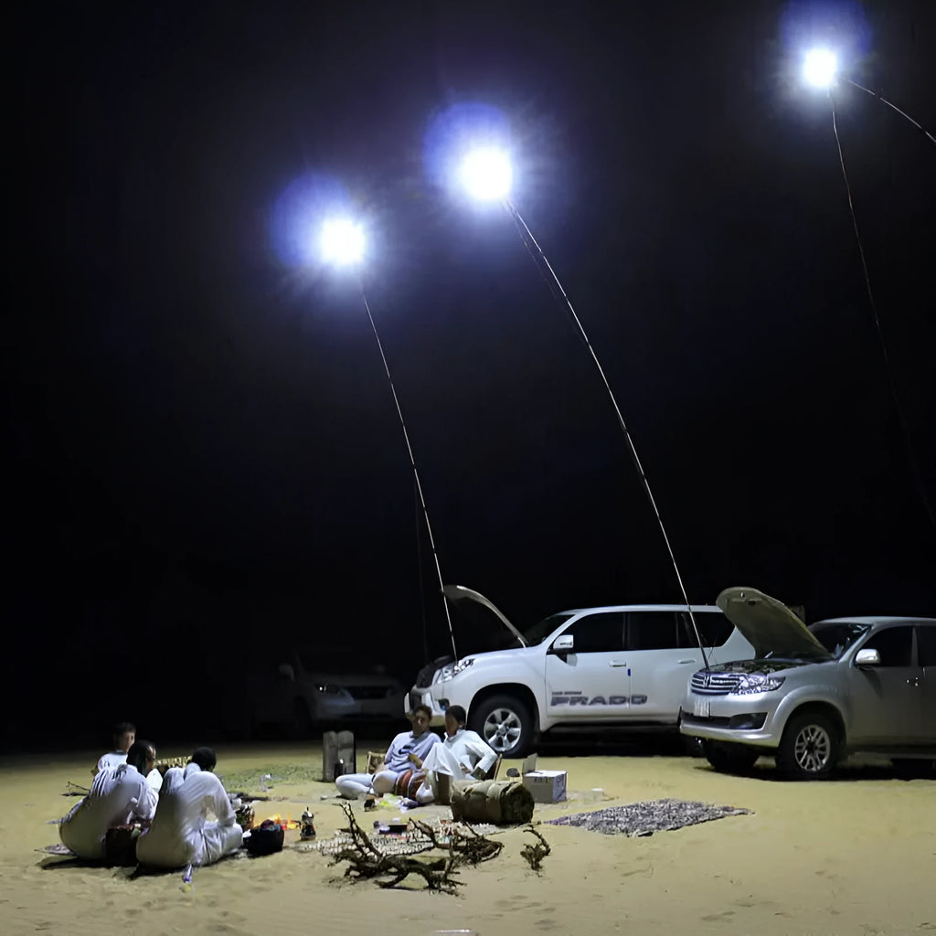 White LED fishing rod light unit on a tall telescopic pole with a remote control for outdoor use.
