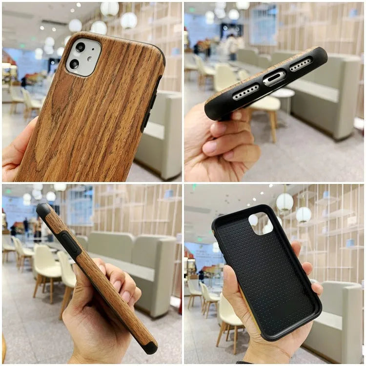 Wooden back cover case for iPhone in rosewood, teak, black rose, and walnut wood finishes.