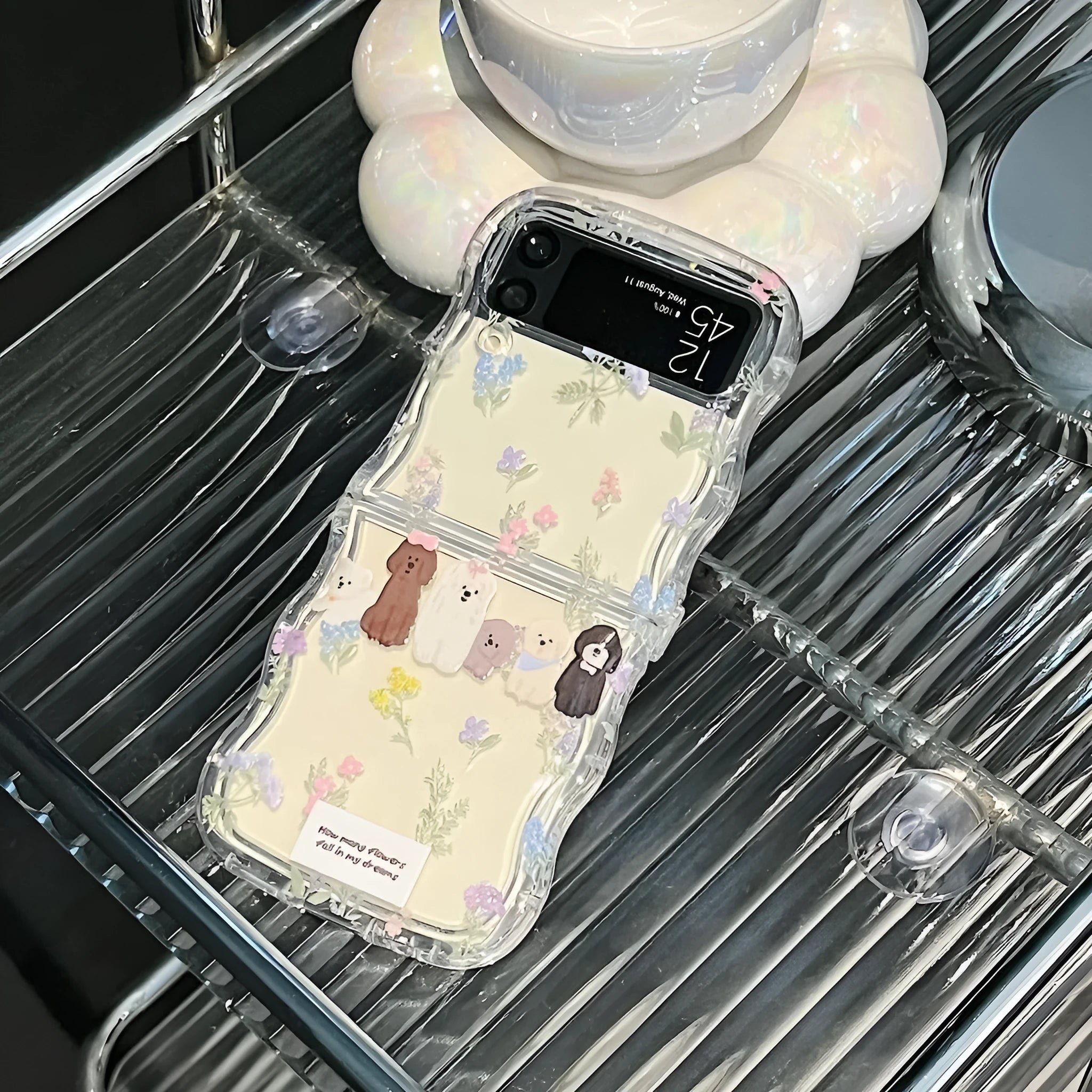 Transparent TPU folding phone case with floral puppy pattern for Samsung and other flip phones