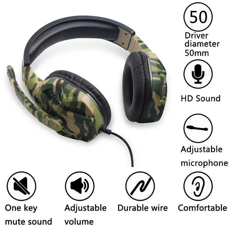 Camouflage wired gaming headset with 50mm subwoofer and microphone on a dark background