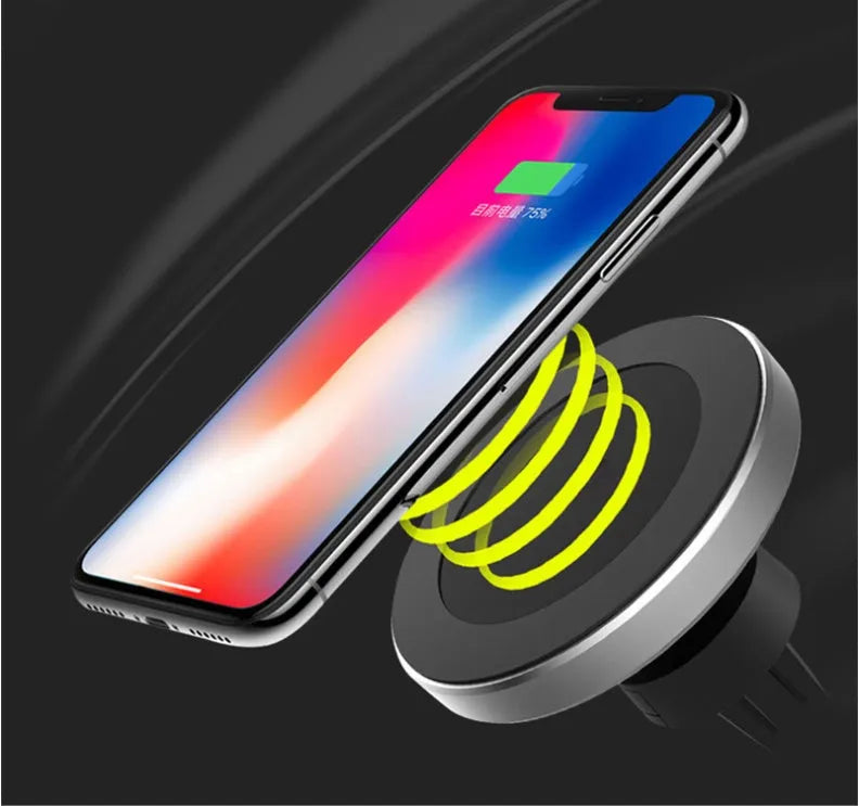 Car magnetic wireless charger Model W5 with USB interface and QI certification, two colour options shown