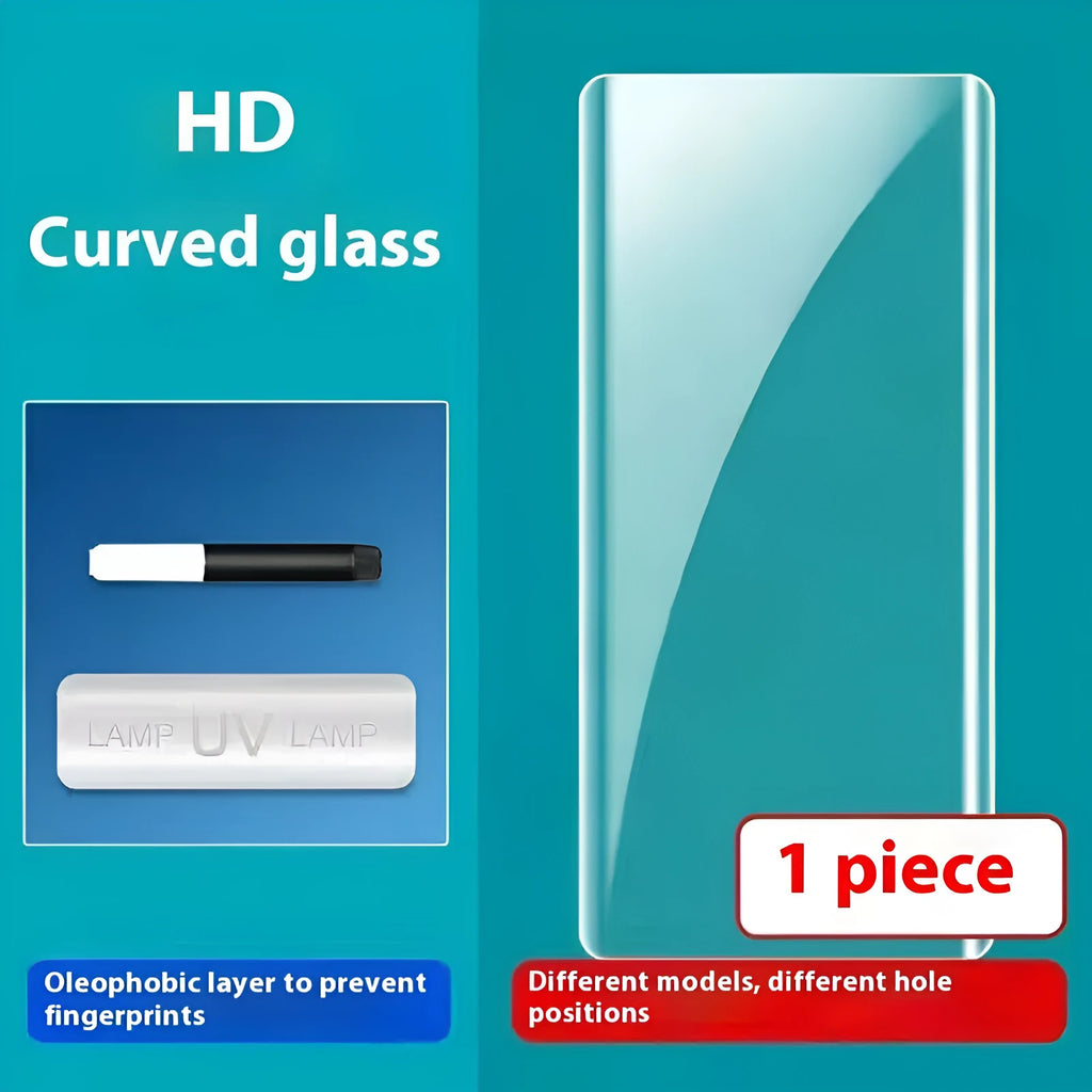 UV full glue tempered glass screen protector for Samsung Galaxy S24 showing HD clarity and full-screen coverage