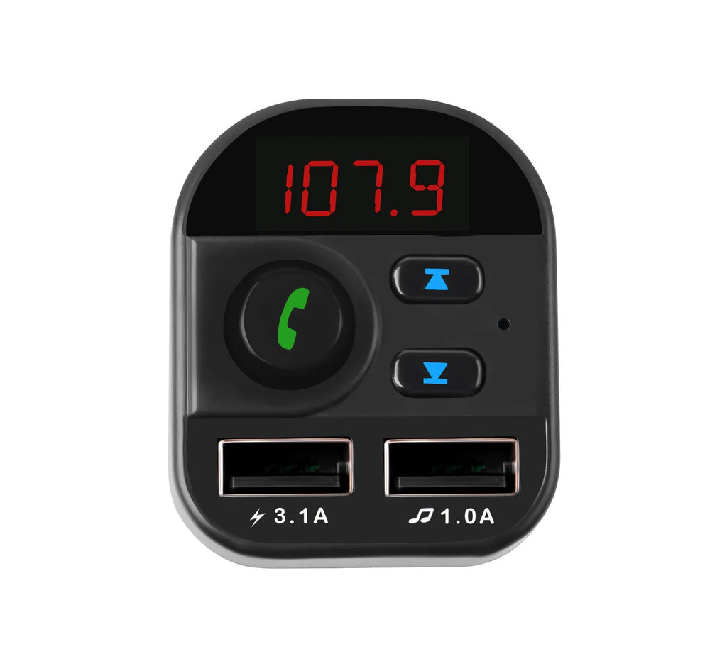 Black ABS car MP3 Bluetooth player, model 805, with 1.1-inch monochrome screen and cigarette lighter plug.