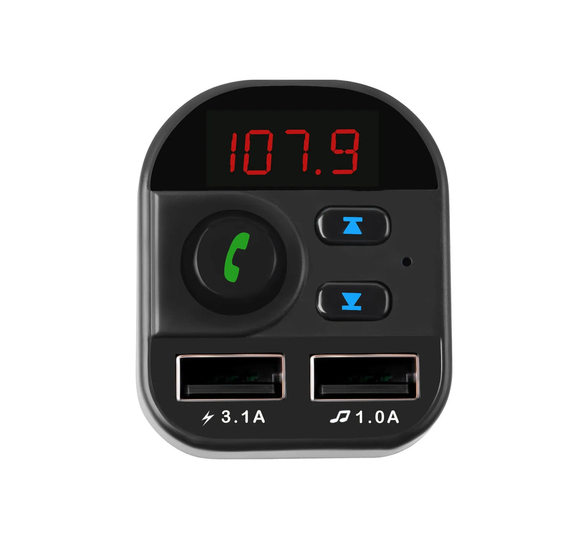 Black ABS car MP3 Bluetooth player, model 805, with 1.1-inch monochrome screen and cigarette lighter plug.