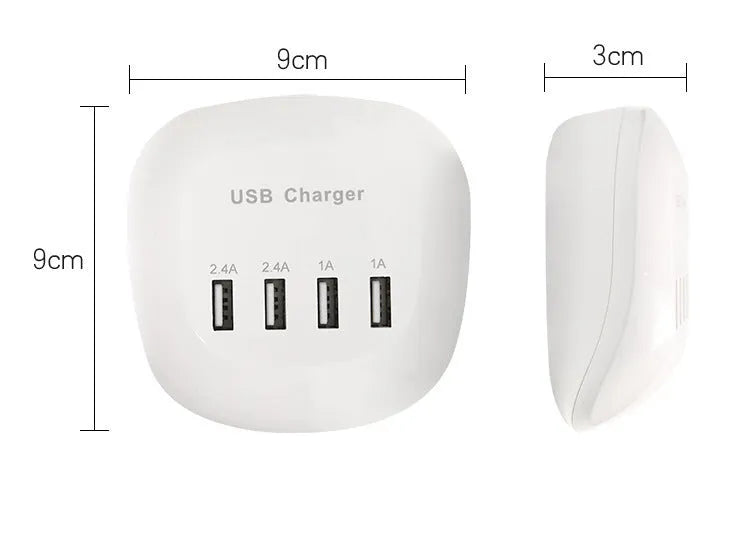 White USB wall charger with either EU two-pin or US two-blade plug style