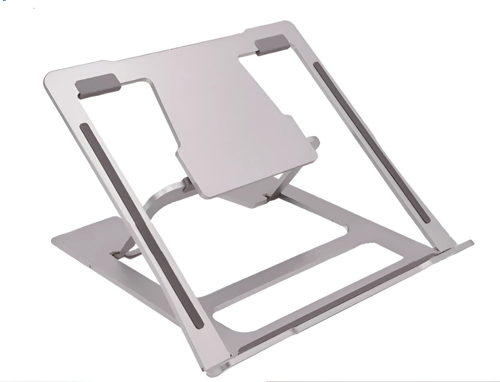 Foldable silver aluminium laptop stand with silicone grips on a desk, showing adjustable angle