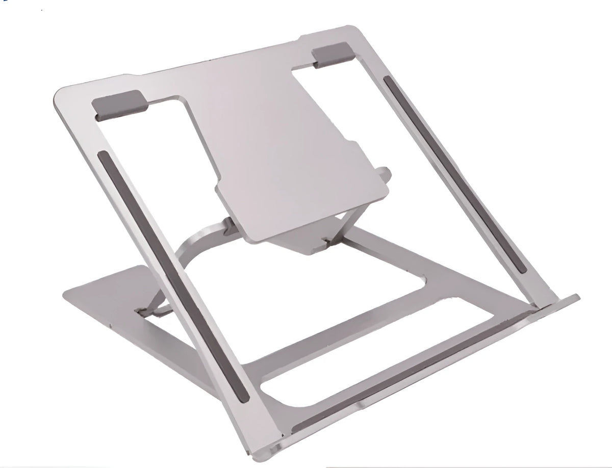 Foldable silver aluminium laptop stand with silicone grips on a desk, showing adjustable angle
