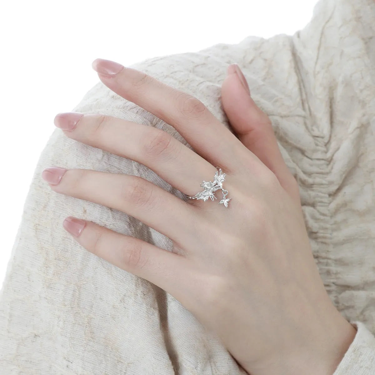 Silver butterfly ring with adjustable opening in electroplated white gold or 18K gold finish