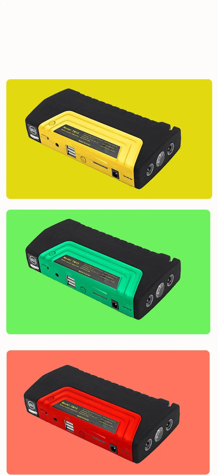 TM15A car emergency jump starter with 200A current, USB port, in green colour on white background