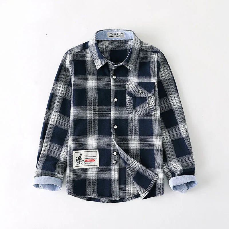 Boys plaid shirt with long sleeves, slim fit, grid pattern, ultra-short 40cm length, in green navy blue or red.