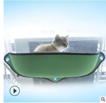 Grey felt cloth cat hammock fixed to a window with three suction cups, 59x22x13cm
