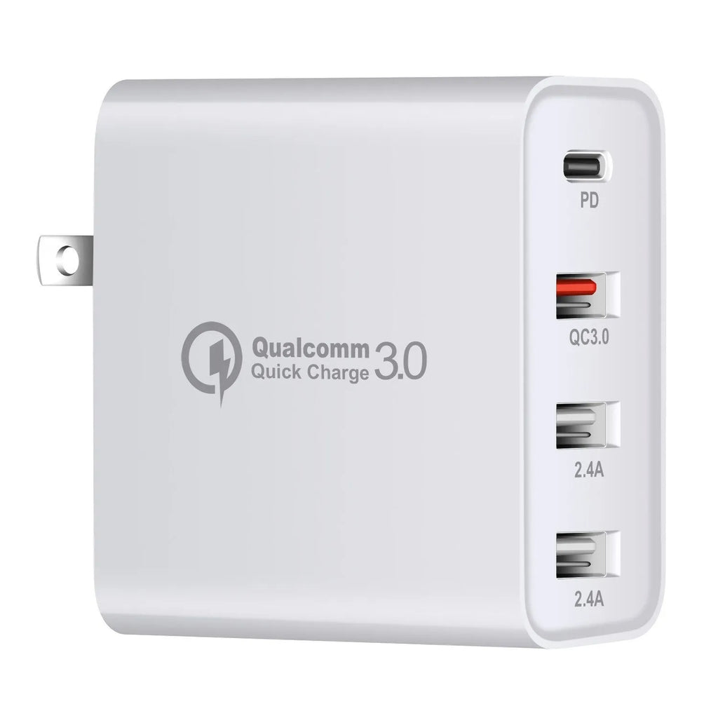 Black and white four-port USB-C wall charger with UK, US, EU, and AU plug options.