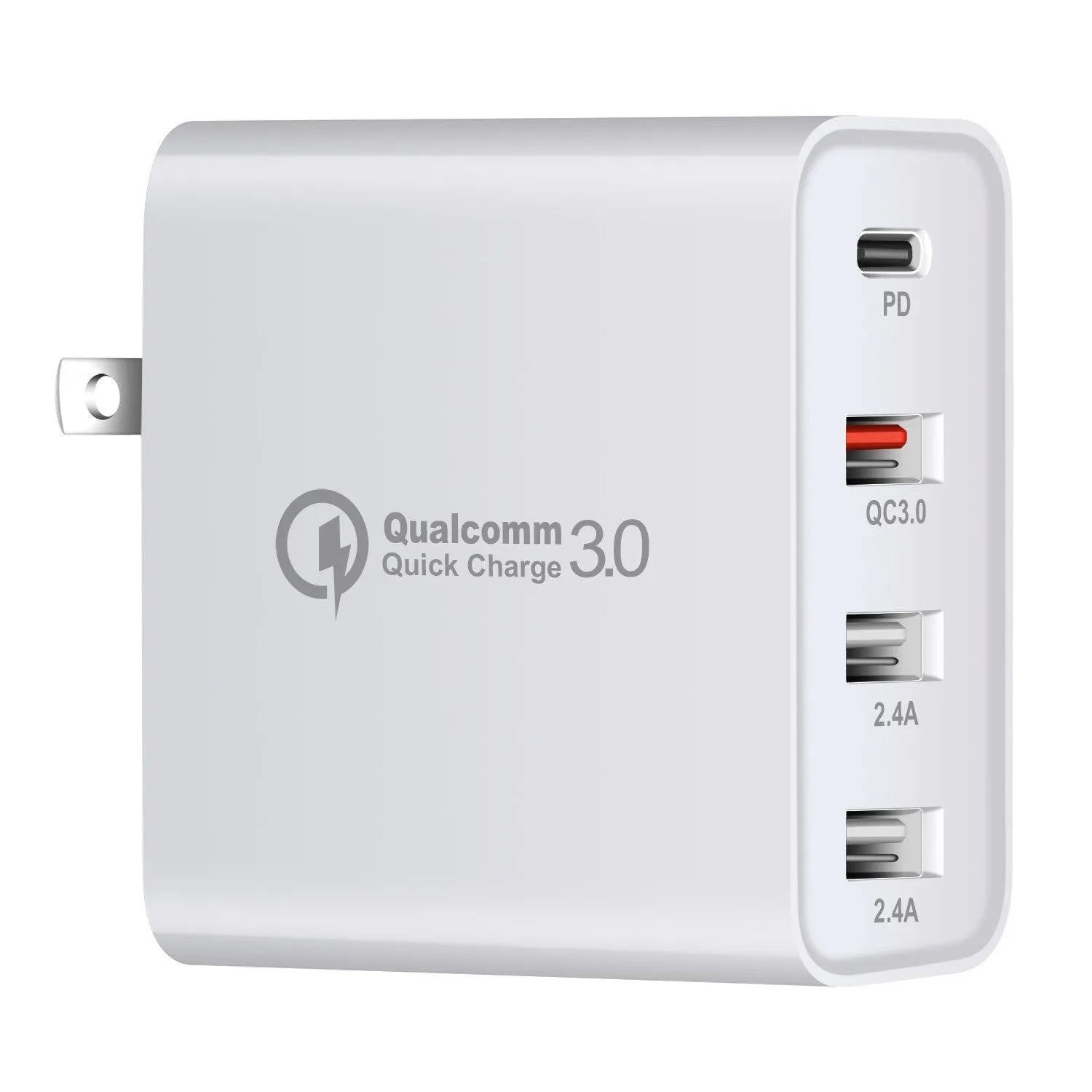 Black and white four-port USB-C wall charger with UK, US, EU, and AU plug options.