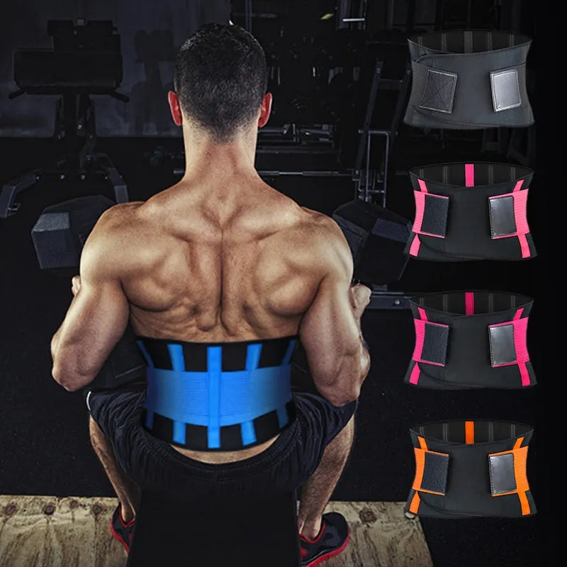 Neoprene sports waist belt with silicone anti-skid and adjustable Velcro, shown in black, blue, deep pink, orange, or pink.