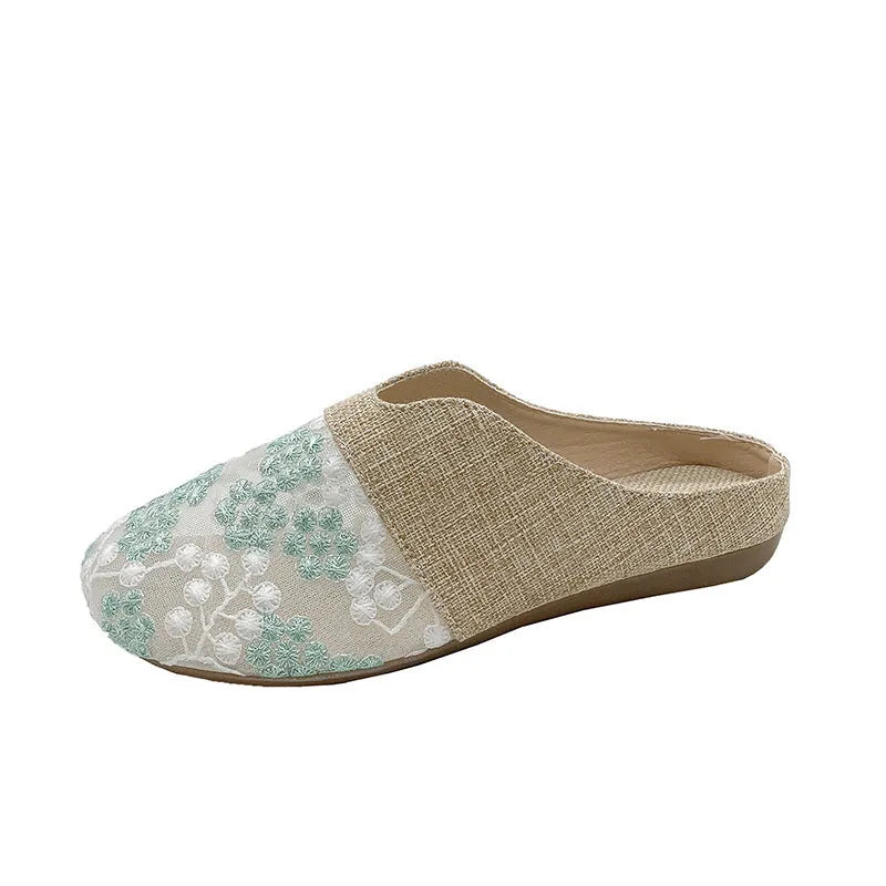 Women's low heel flat slip-on hollow sandals in gold with mesh upper and floriculture pattern