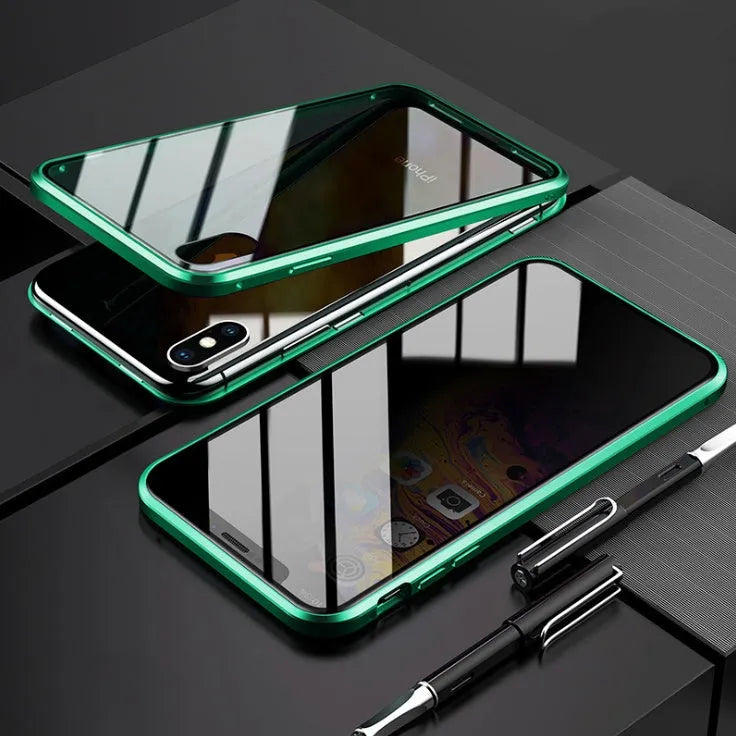 Samsung smartphone in a black clamshell magnetic case with anti-peeping screen, shown open and closed.