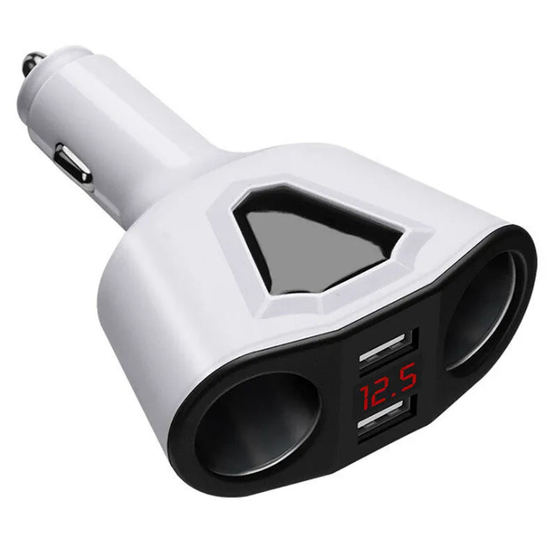 Dual USB multifunction car charger with LCD screen showing voltage, black colour, compact design for cars trucks and SUVs