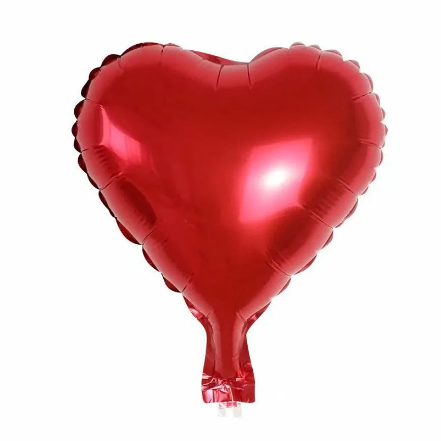 Five sparkling aluminium peach heart balloons in red, blue, rose, and silver colours.