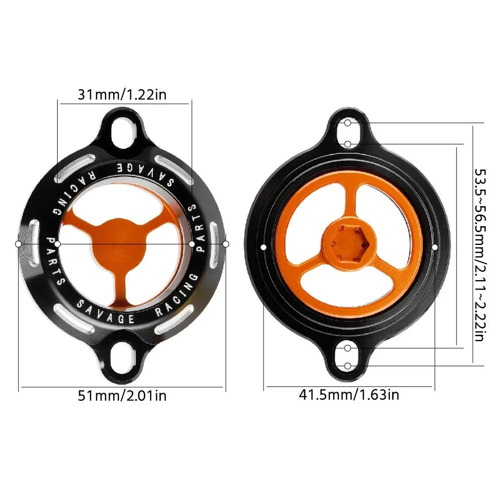 Aluminium alloy transparent oil filter cover for KTM DUKE motorcycles on a workbench