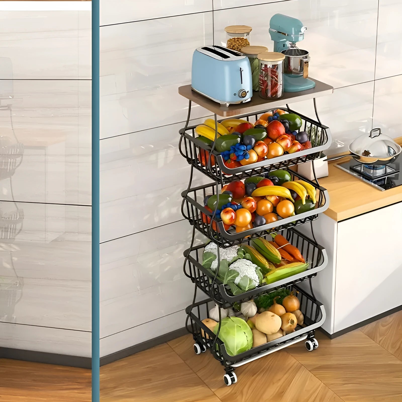 Black six layer foldable kitchen storage rack on wheels