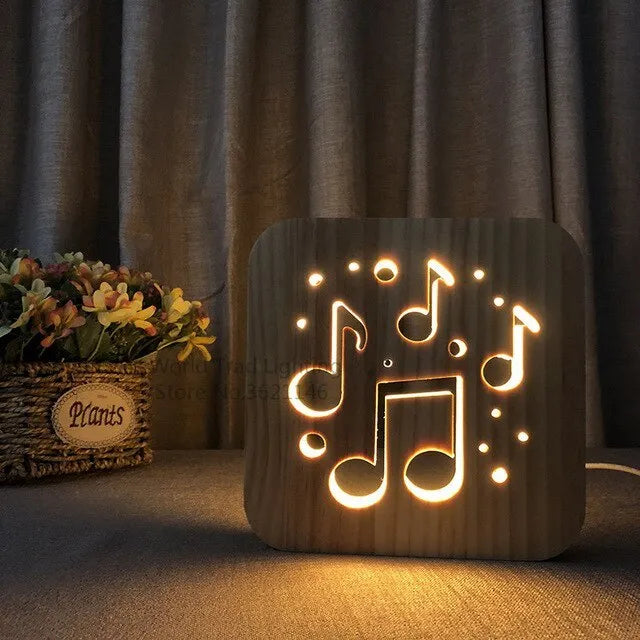 Square pine wood USB LED atmosphere lamp with warm white light on a table.