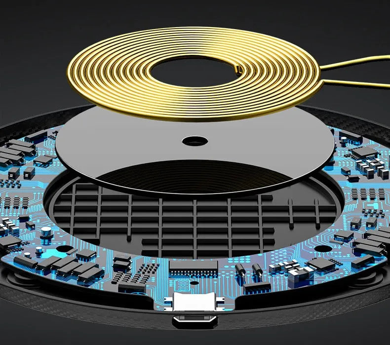 Black or white glass disc wireless charger on a surface, showing status light.
