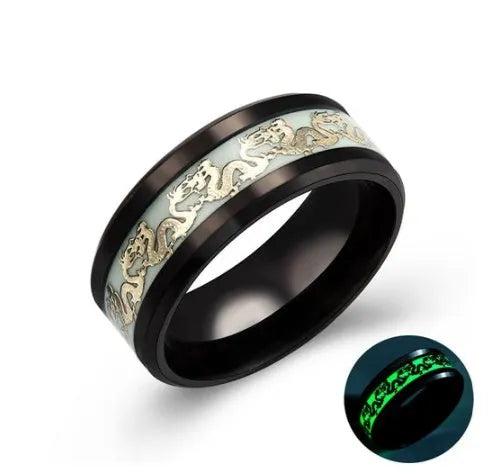 Blue Chinese dragon pattern fluorescent titanium steel ring on white background, epoxy finish, size 10