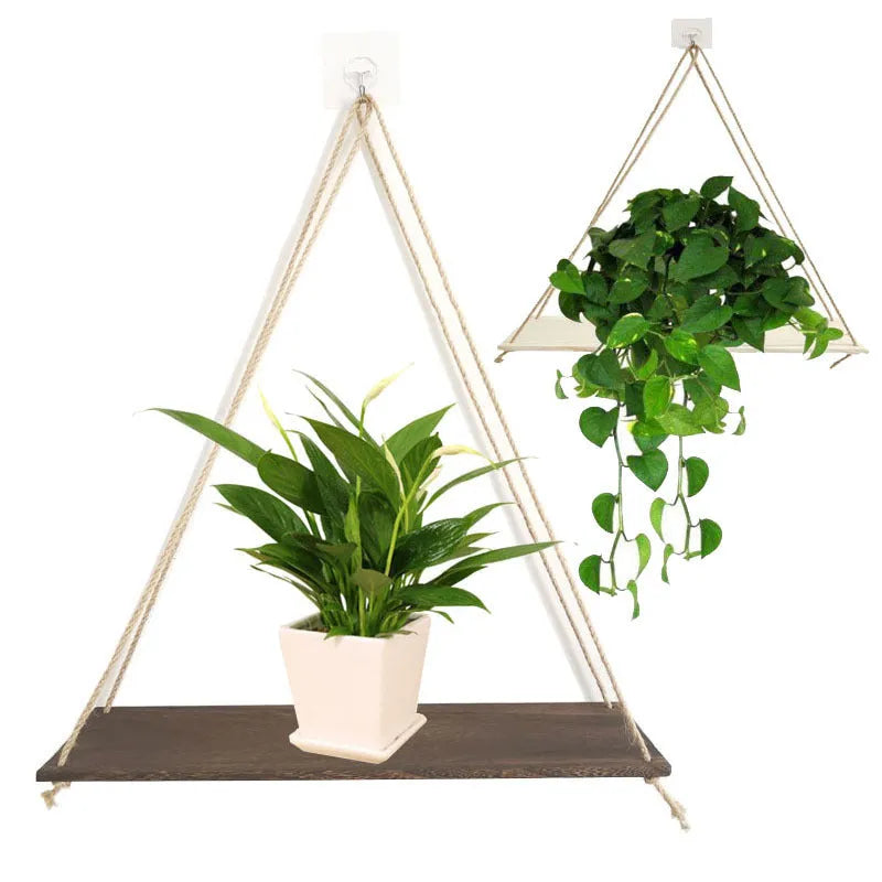 Wooden swing wall-mounted display shelf with plant in small size black colour