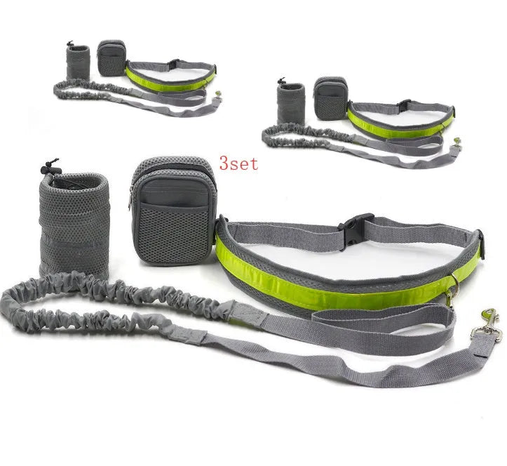 Adjustable hands-free dog leash running set with nylon retractable rope, waist belt, and two storage bags on a person jogging