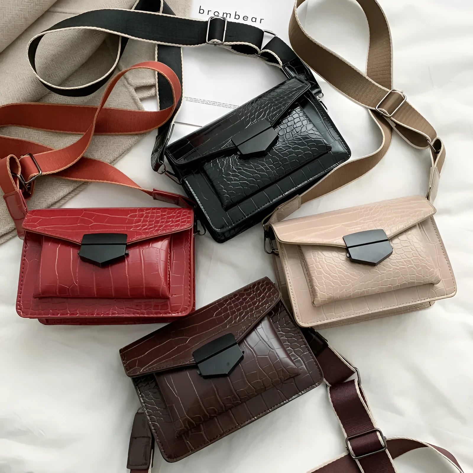 Vintage-style black PU crossbody bag with adjustable strap showing interior
