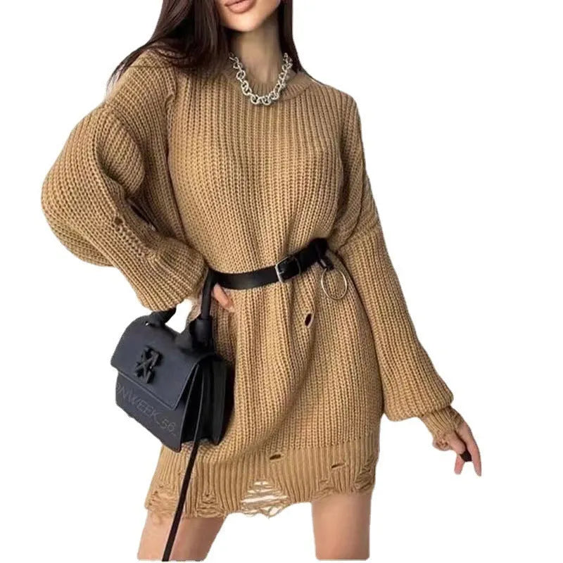 Loose hole knitted pullover sweater for women in solid colour Rose Red