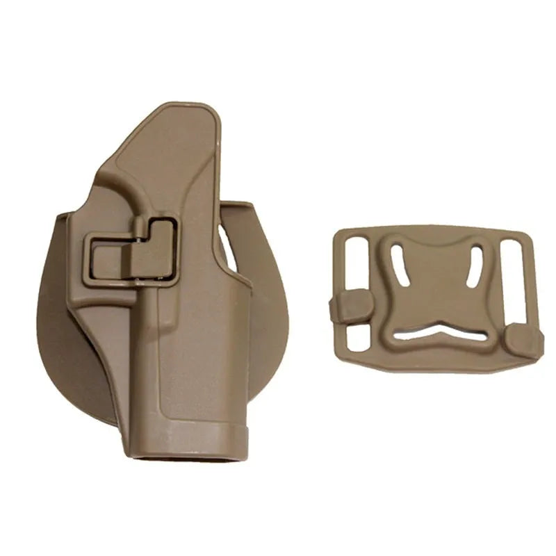 Black plastic tactical holster on plain background for duty carry use