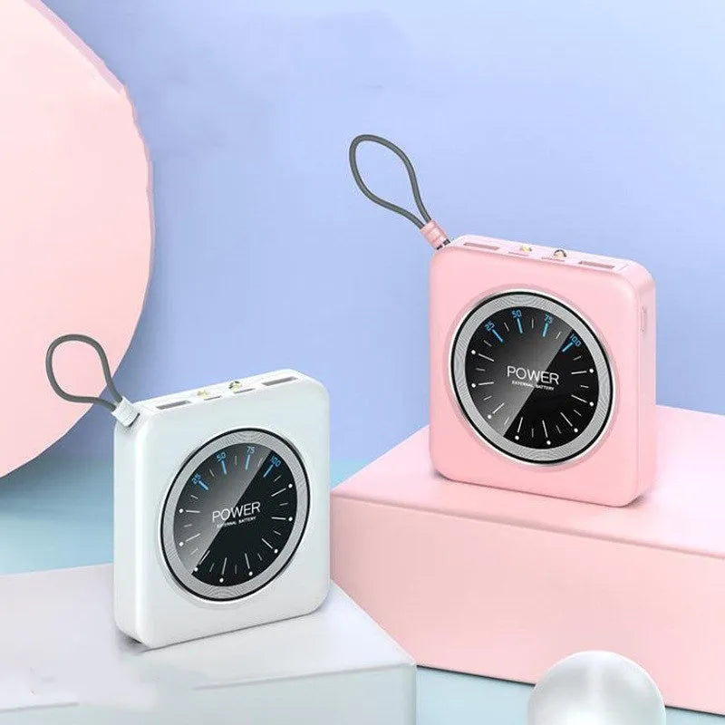 Mini clock charger power bank in mint green showing multiple USB ports and compact alloy case.