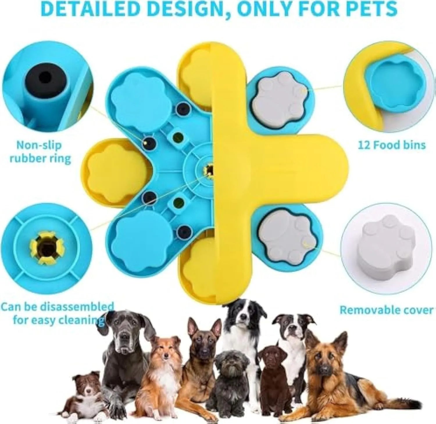 Yellow interactive dog puzzle feeder with three rotating layers and anti-slip base for slow feeding and enrichment.