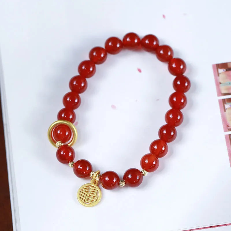 Natural red agate bracelet with woven construction and blessing card