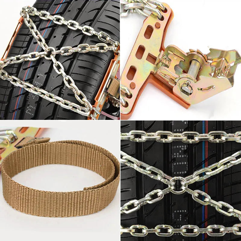 Car snow chain with steel chain, Oxford pad, and nylon strap, fitting 175-265 tyre sizes