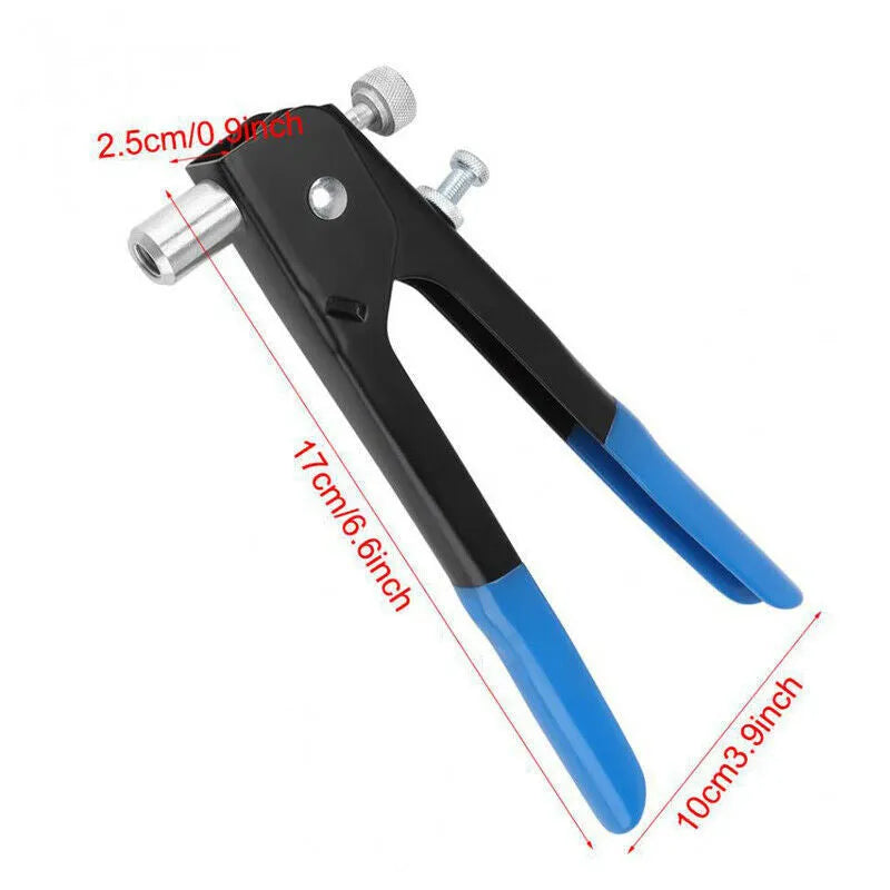 Alloy steel manual riveter nut gun tool kit with a set of interchangeable mandrels on a workbench.