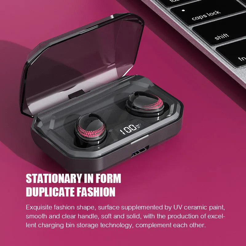 Black X10 Bluetooth wireless headset with a charging case on a white background.