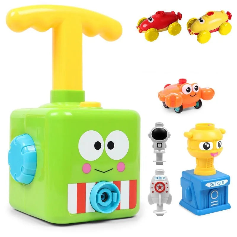 Children's air balloon powered car toy with ABS plastic construction, 2 cars, and 12 balloons on a white background