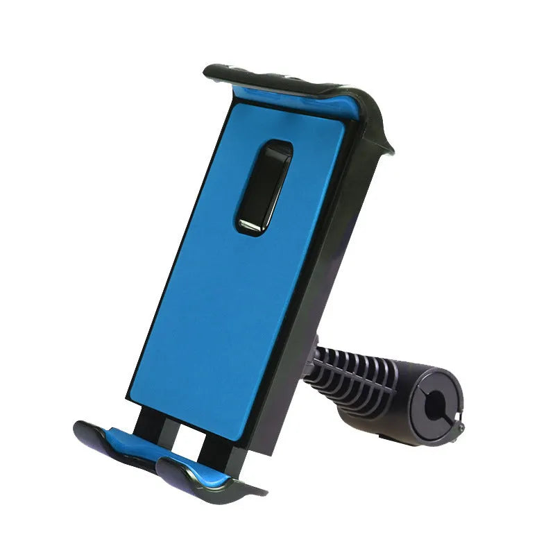 Black universal car headrest mount holding a tablet, showing 360-degree rotation and extendable arm.