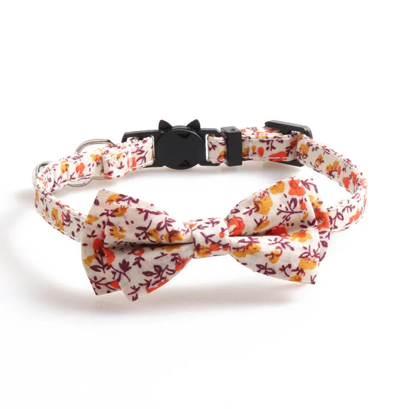 Cotton cat collar in brown, green, orange or white with optional bow, soft texture, everyday cat collar